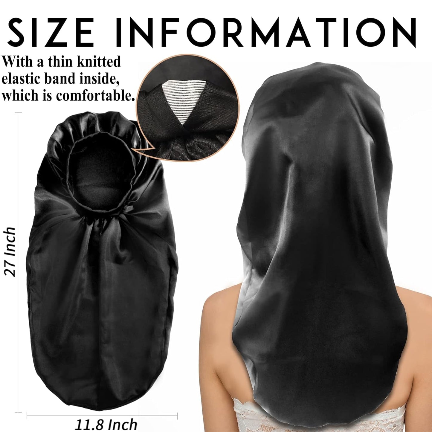 2Pcs Long Satin Bonnet Sleep Cap,Extra Large Braids Bonnets for Sleeping,Long Hair,Soft&Comfortable Elastic Band Bonnets for Women Night Sleep,Hair Bonnets for Women Satin (Black+Red Pattern)