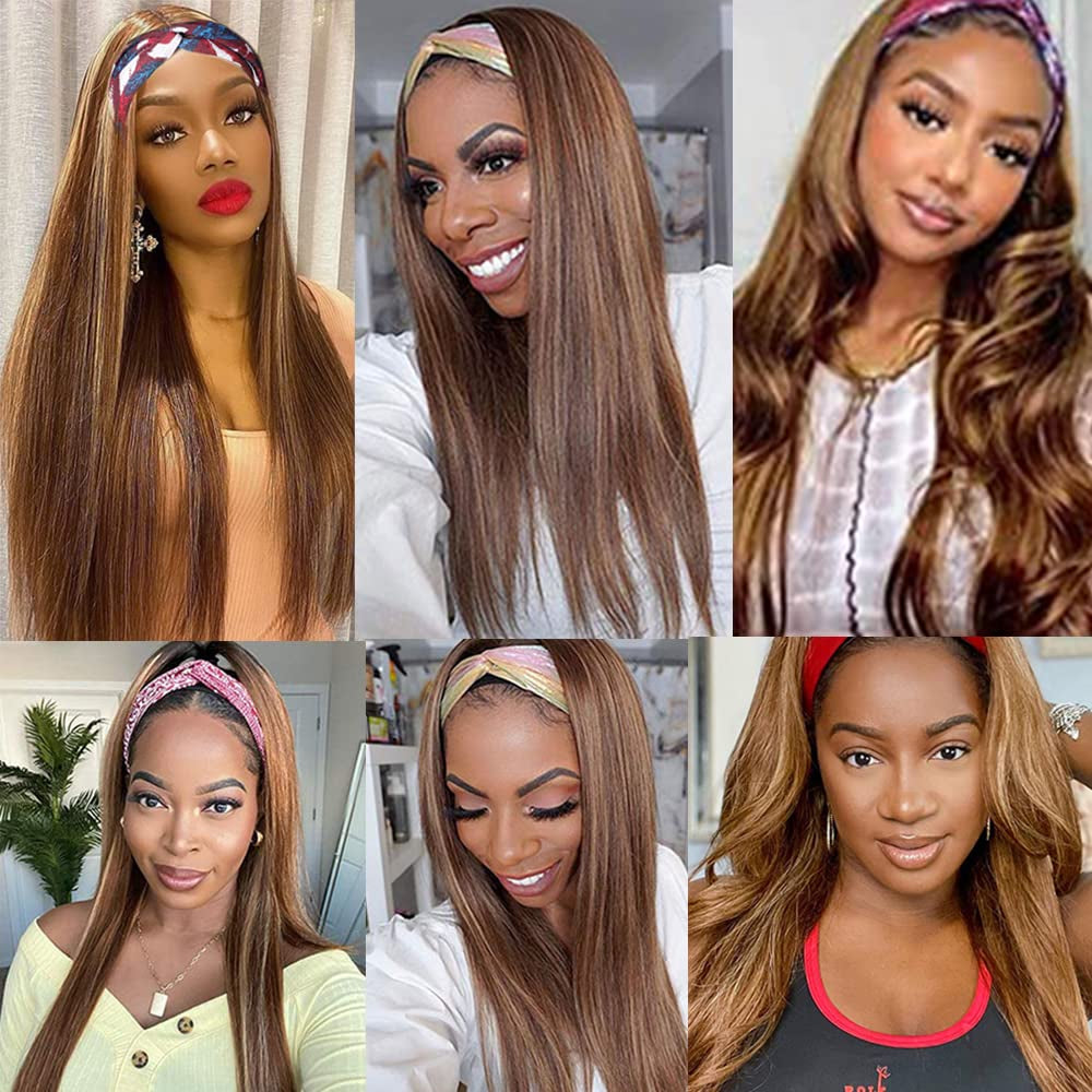 P4/27 Highlight Headband Wig Honey Blonde Straight Human Hair Wig Brown Straight Headband Wig Brazilian Remy Hair Headband Wig Glueless None Lace Wigs with Headband for Women 22 Inch