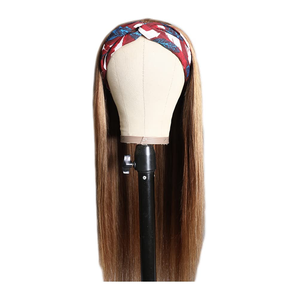 P4/27 Highlight Headband Wig Honey Blonde Straight Human Hair Wig Brown Straight Headband Wig Brazilian Remy Hair Headband Wig Glueless None Lace Wigs with Headband for Women 22 Inch