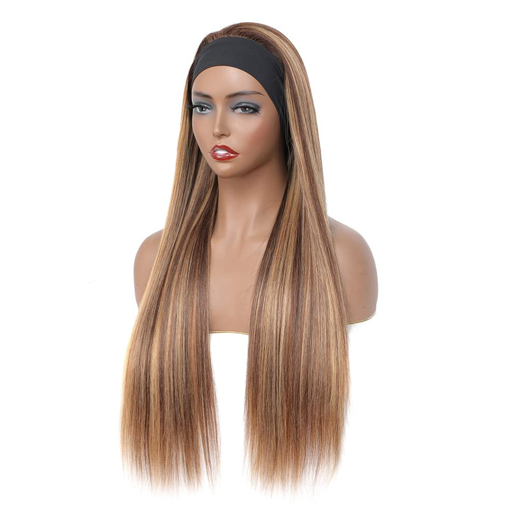 P4/27 Highlight Headband Wig Honey Blonde Straight Human Hair Wig Brown Straight Headband Wig Brazilian Remy Hair Headband Wig Glueless None Lace Wigs with Headband for Women 22 Inch