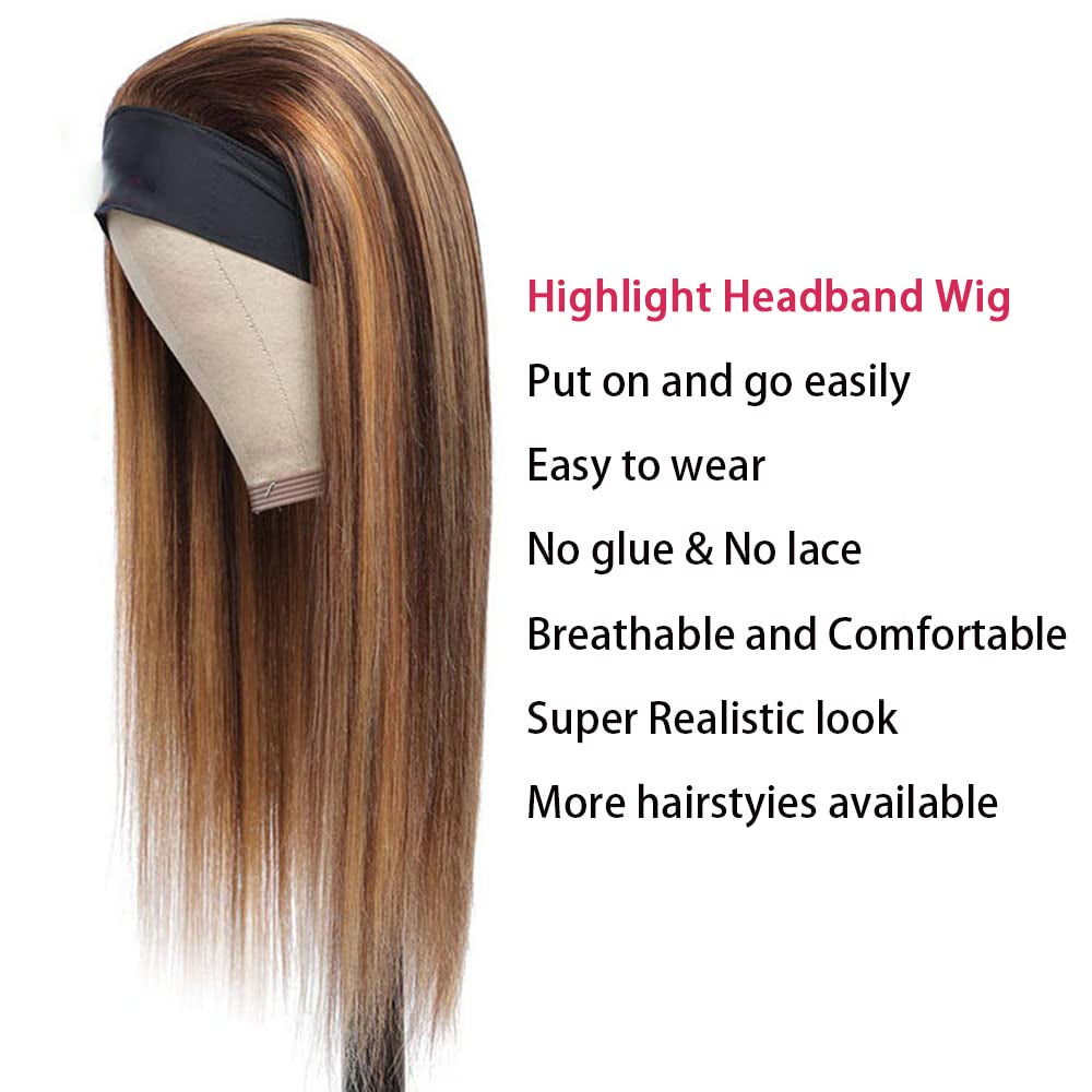 P4/27 Highlight Headband Wig Honey Blonde Straight Human Hair Wig Brown Straight Headband Wig Brazilian Remy Hair Headband Wig Glueless None Lace Wigs with Headband for Women 22 Inch