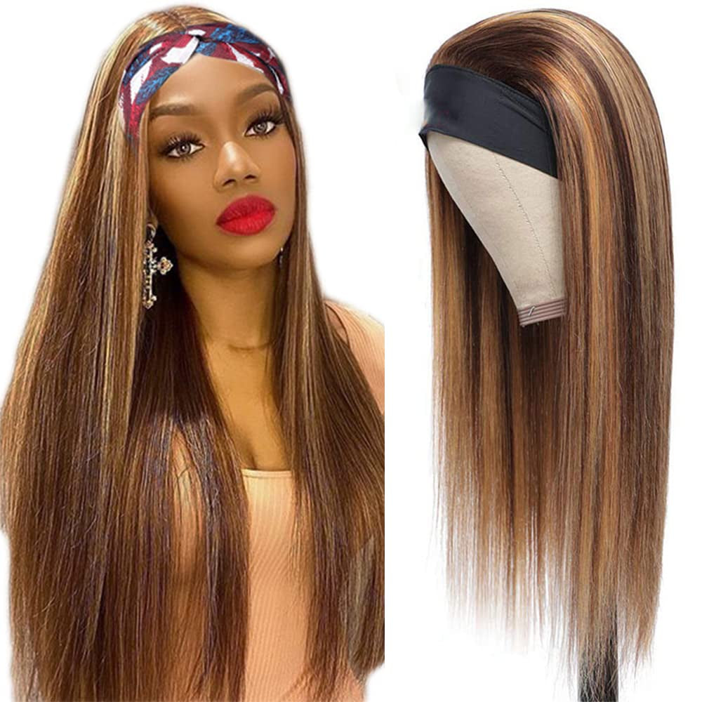 P4/27 Highlight Headband Wig Honey Blonde Straight Human Hair Wig Brown Straight Headband Wig Brazilian Remy Hair Headband Wig Glueless None Lace Wigs with Headband for Women 22 Inch