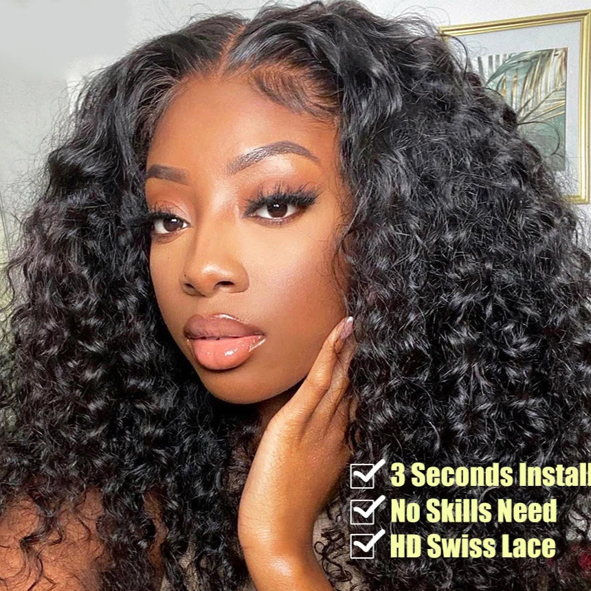 Water Wave Glueless Wig Pre-Cut Lace Wig 180% Pre-Plucked Natural Wave Wear Go Glueless Curly Human Hair Wigs for Women